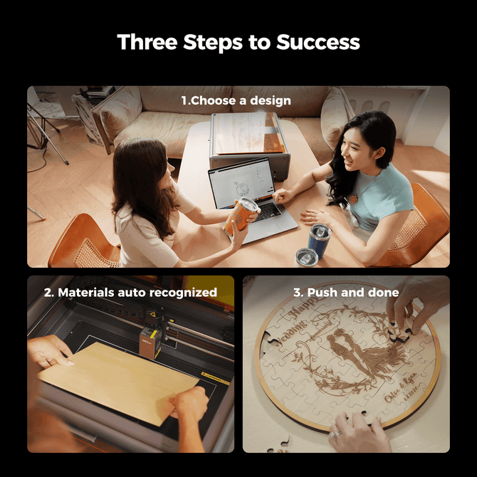 Three Steps to Success: Two women select a design on a laptop, the Creality Falcon A1 10W Enclosed Diode Laser Engraver auto-detects the wood, and a finished wooden puzzle with an engraved pattern is displayed.