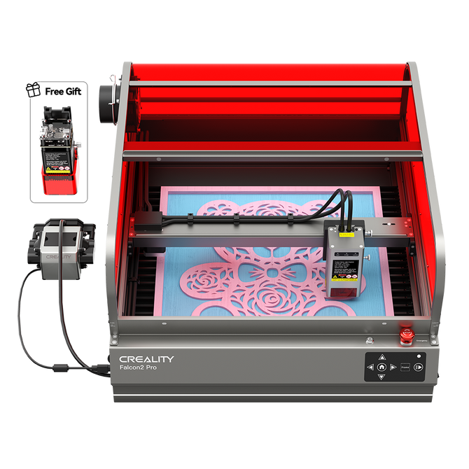 A Creality Falcon Falcon2 Pro 60W Enclosed Laser Cutter and Engraver is seen adjusting its cutting power. The laser arm engraves a detailed pattern on a blue surface under the red safety cover, with its control panel and wiring visible on the left of this advanced machine.