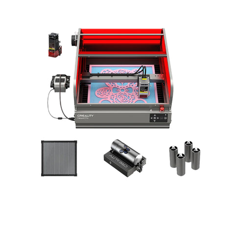 The Creality Falcon Falcon2 Pro 60W Enclosed Laser Cutter and Engraver features a sleek black cover with intricate blue designs on a pink surface, auto-positioning capabilities, additional rotors, and accessory tools set against a plain white background.
