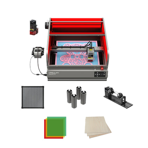 The Creality Falcon Falcon2 Pro 60W Enclosed Laser Cutter and Engraver intricately etches designs using its rotary attachment, engravable and colored acrylic sheets, cylindrical tools, and protective grid. Its auto-positioning feature ensures precise creativity.