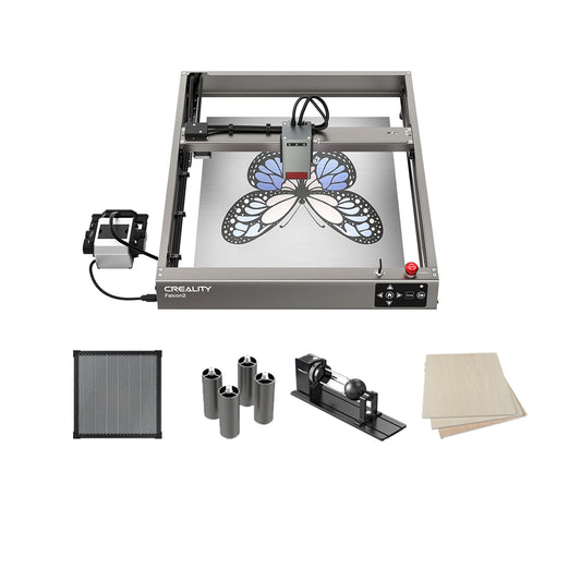 A top view of the Creality Falcon Falcon2 22W Diode Laser Engraver etching a blue and black butterfly design onto metal, highlighting its powerful cutting performance and vivid color engraving abilities. 1600