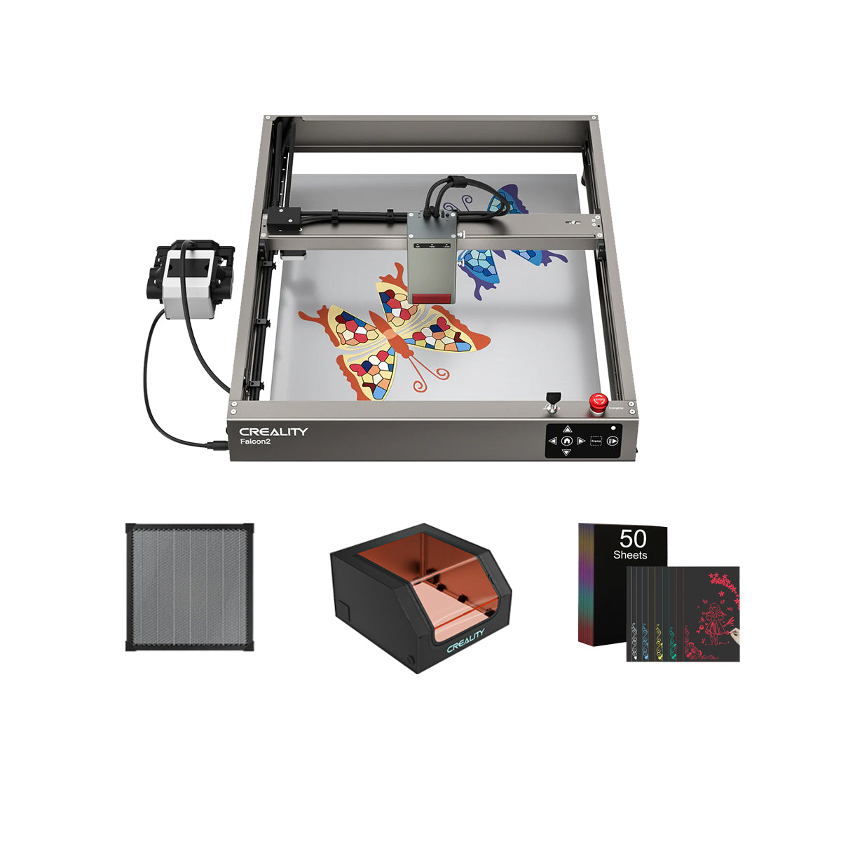 The Creality Falcon's Falcon2 40W Laser Engraver and Cutter, featuring a sturdy anodized aluminum structure, includes a platform with a colorful butterfly design. Accessories such as a honeycomb panel, a fan enclosure, and five packs of engraving materials are provided below.