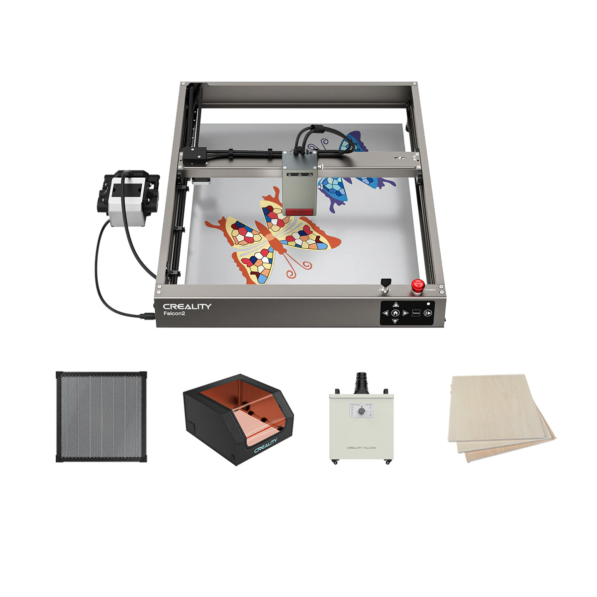 A Creality Falcon CNC machine with a butterfly design is set up on the Falcon Honeycomb Workbench. Below it, various components and accessories are displayed, including a grid, a box-like device, and sheets of material. The setup also features the Falcon2 40W Laser Engraver and Cutter Bundle Protection Kits for precision work and incorporates a Smoke Purifier for clean operation.