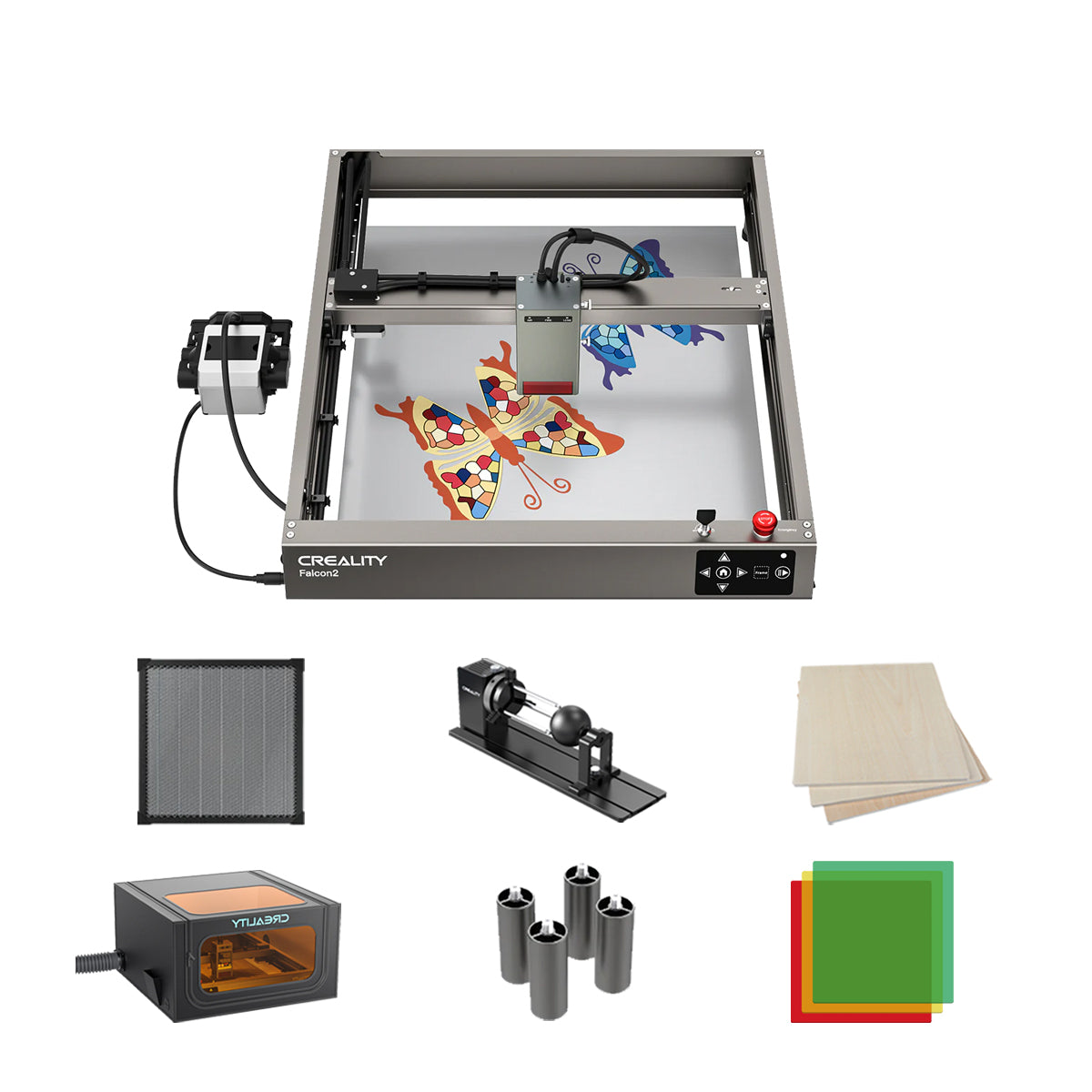 The Falcon2 40W Laser Engraver and Cutter by Creality Falcon showcases a vibrant butterfly print and is built with an anodized aluminum structure. It comes equipped with various accessories such as a laser engraver, sheets of wood, metal tubes, colored filters, and a linear guide to ensure optimal cutting speed.