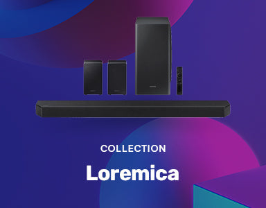 A set of black Creality Falcon Laser audio devices, including a soundbar, two speakers, a subwoofer, and a remote, is shown on a purple-blue background with "COLLECTION Test product variant" below—ideal for sleek modern design seekers.
