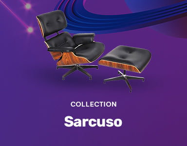 A modern black leather lounge chair with matching ottoman and wooden accents, displayed on a purple background with blue and pink curves. Discover the Creality Falcon Laser Test product variant.