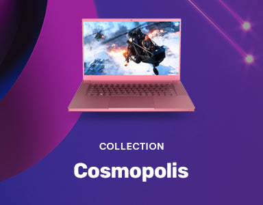 The Creality Falcon Laser Test product variant—a pink laptop with an action-packed helicopter scene—stands out against a purple background with "COLLECTION Cosmopolis," adding unique flair to any setup.