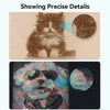 Two images display the Creality Falcon CR 10W Diode Laser Engraver's precise detailing: the top shows a kitten’s eye close-up, while the bottom features a dog with sunglasses and a zoom of its fur. Text reads “Showing Precise Details.”.
