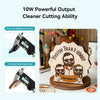 The Creality Falcon CR 10W Diode Laser Engraver precisely engraves text and cartoon bearded figures on a wooden sign, measuring black acrylic (5mm) and basswood (6mm) thickness with digital calipers, displayed on a stand in the background.