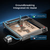 The Creality Falcon Falcon2 22W Diode Laser Engraver features integrated air assist, using strong blue airflow for cutting and weak white for engraving, demonstrated on a detailed bird design with colorful effects on wood.