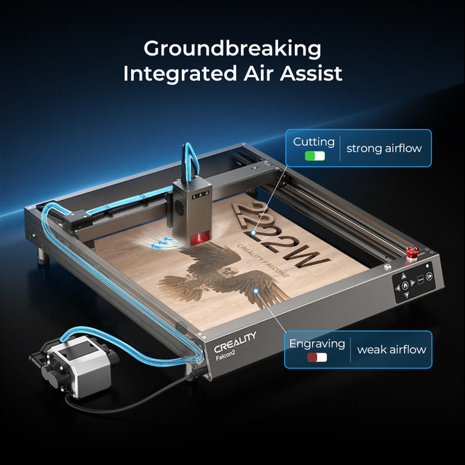 The Creality Falcon Falcon2 22W Diode Laser Engraver features integrated air assist, using strong blue airflow for cutting and weak white for engraving, demonstrated on a detailed bird design with colorful effects on wood.