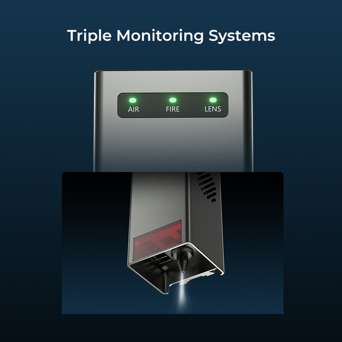 The Creality Falcon Falcon2 22W Diode Laser Engraver features three green indicator lights—"AIR," "FIRE," and "LENS"—above the device, which emits a precise white beam, highlighting its triple monitoring systems for optimized cutting power.