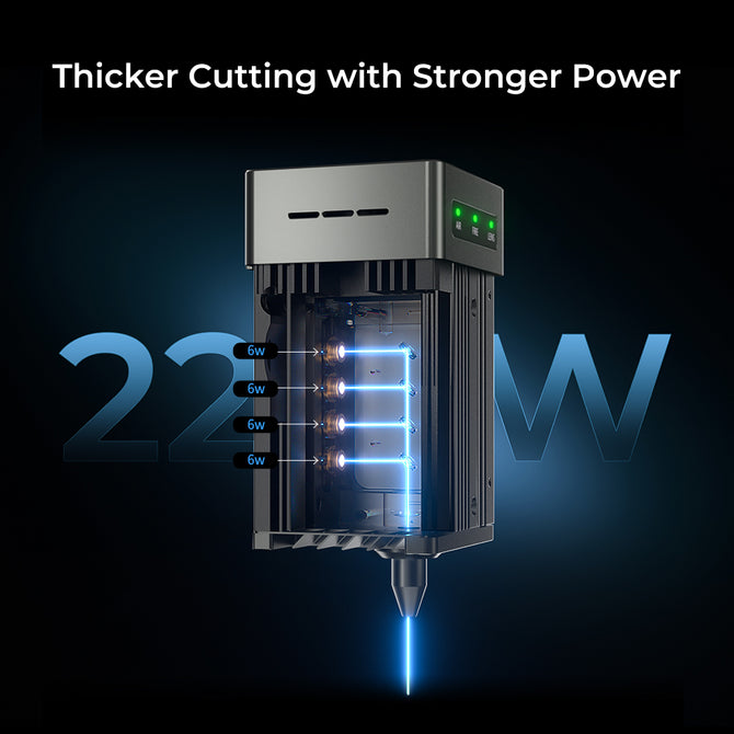 The Creality Falcon Falcon2 22W Diode Laser Engraver emits a powerful blue beam downward, featuring four visible "6W" laser modules for enhanced cutting strength. Text: "Thicker Cutting with Stronger Power.
