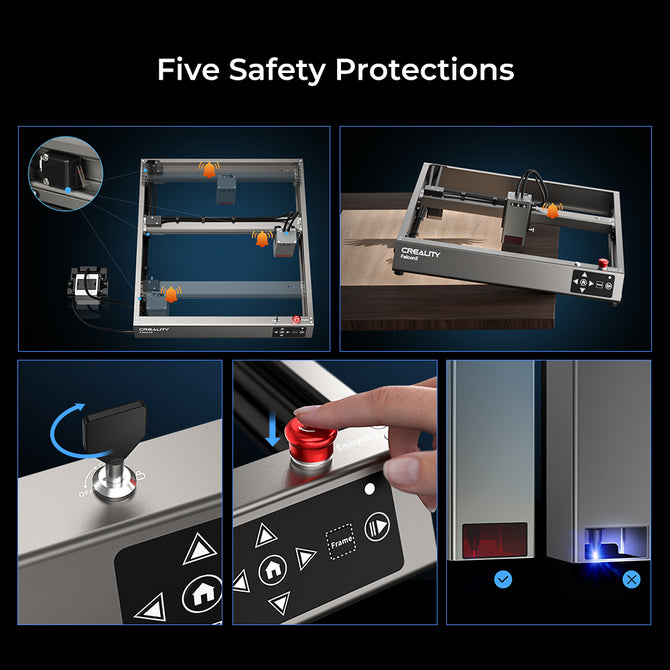Collage of the Creality Falcon Falcon2 22W Diode Laser Engraver shows five safety features: highlighted wiring, emergency stop button, power switch, touchscreen interface, and locking mechanism. Title: "Five Safety Protections." Offers broad compatibility.