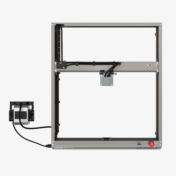 The Creality Falcon Falcon2 22W Diode Laser Engraver features a metal frame, visible wiring, control box on the left, and a red knob at the bottom right, all shown against a white background. It offers broad compatibility for diverse engraving projects.