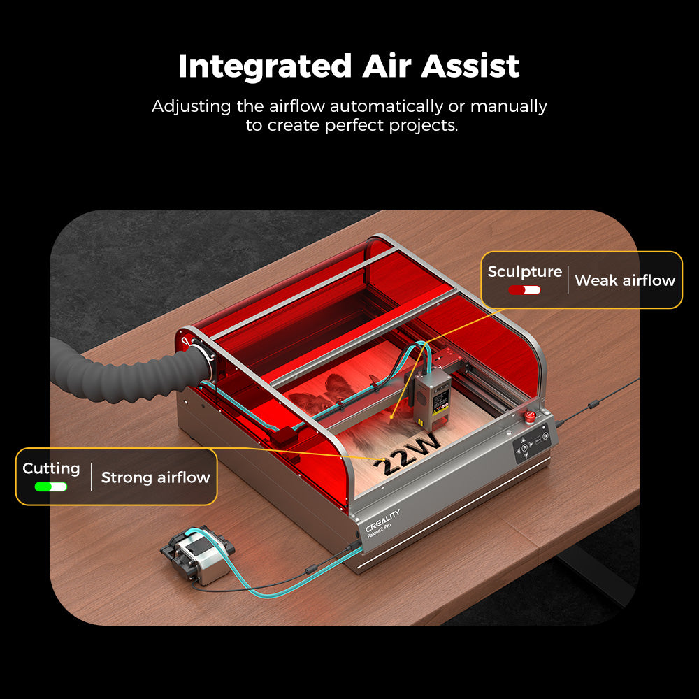 The Falcon2 Pro 22W Enclosed Laser Engraver and Cutter Bundle by Creality Falcon is displayed on a wooden table. This machine features a partially transparent red cover and offers "Integrated Air Assist" with options for weak airflow during sculpture and strong airflow during cutting, ensuring creative freedom in design while adhering to Class 1 Safety standards.