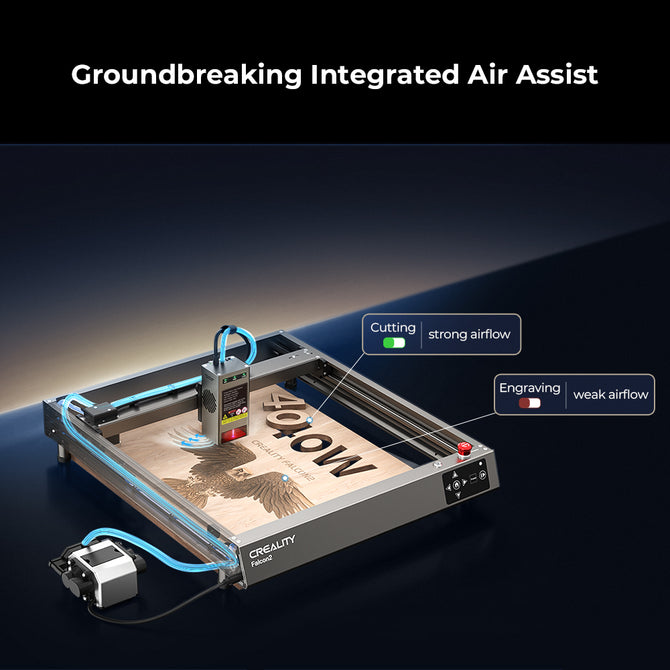 The Creality Falcon Falcon2 40W Diode Laser Engraver, featuring integrated air assist, engraves and cuts wood. Blue air tubes indicate airflow: strong for cutting, weak for engraving. Text: "Groundbreaking Integrated Air Assist.