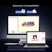 A desktop and laptop display GRBL Laser and LightBurn software for the Creality Falcon2 40W Laser Engraver and Cutter. "Extensive Compatibility" appears above Windows/macOS logos—a perfect fit for any laser cutting project. Free Test Kit included.