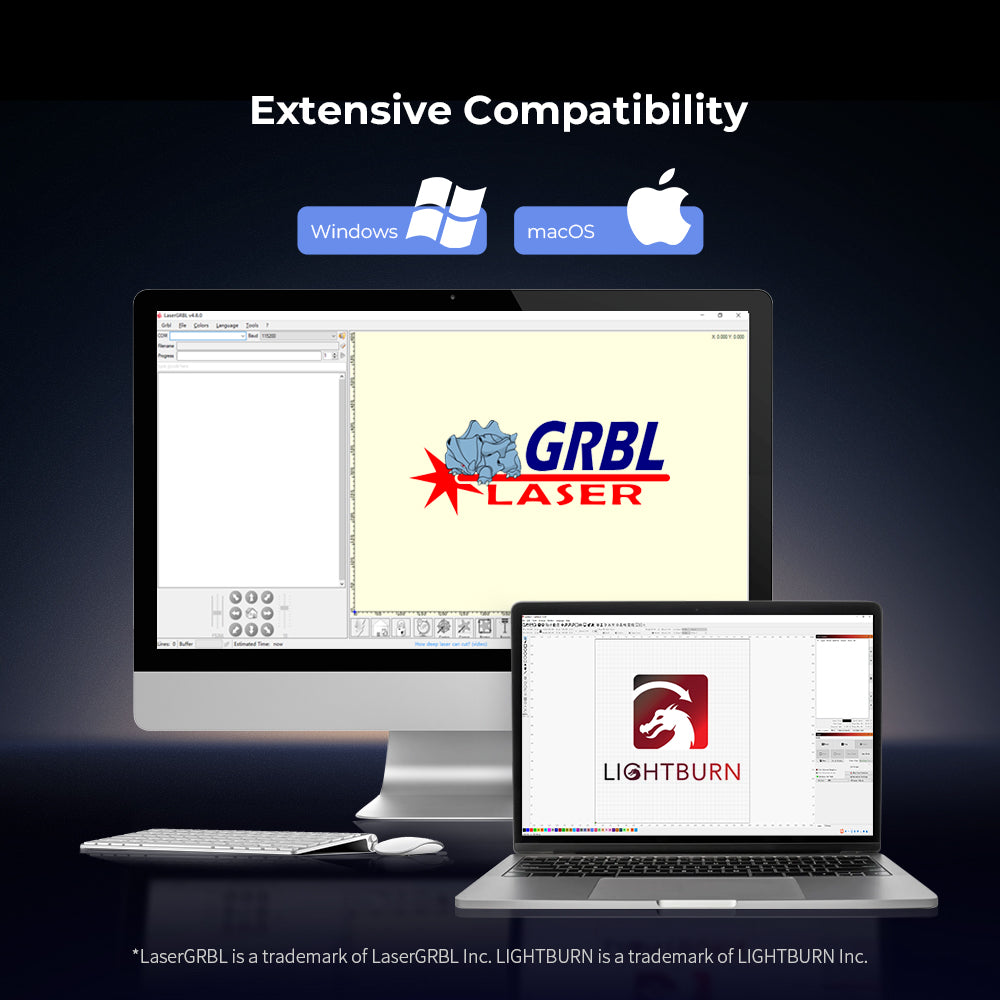 A desktop and laptop display GRBL Laser and LightBurn software for the Creality Falcon2 40W Laser Engraver and Cutter. "Extensive Compatibility" appears above Windows/macOS logos—a perfect fit for any laser cutting project. Free Test Kit included.