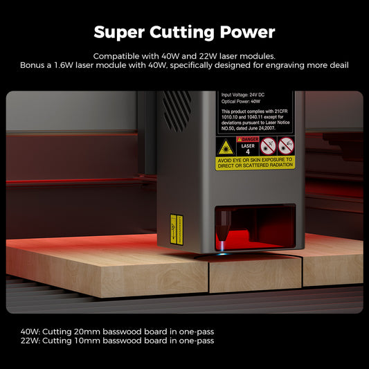 The Falcon2 Pro 22W Enclosed Laser Engraver and Cutter Bundle by Creality Falcon offers creative freedom and detailed text overlay descriptions of its features. It includes 40W and 22W laser modules, as well as a precision-focused 1.6W option, all capable of cutting basswood boards at various thicknesses in a single pass while adhering to Class 1 safety standards.