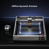 The Creality Falcon Falcon2 40W Diode Laser Engraver features a visible blue outline for the work area, an anodized aluminum alloy frame, a control panel, and displays "Offline Dynamic Preview" above the machine.