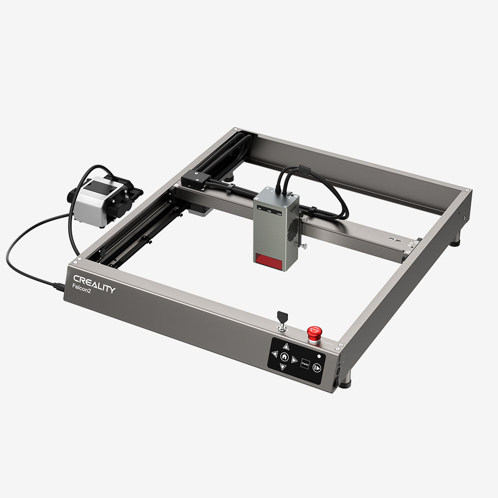 The Creality Falcon2 40W Laser Engraver and Cutter for sale features a rectangular metal frame, control panel, and laser module above the work area. It’s compatible with LightBurn software, comes with a free test kit, and connects to a power supply.