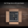 Top-down view of an open box containing the Creality Falcon Falcon2 40W Diode Laser Engraver frame with labeled parts: laser module, pre-assembled frame, and air assist. Text above reads, "Get Things Done with Less Hassle.