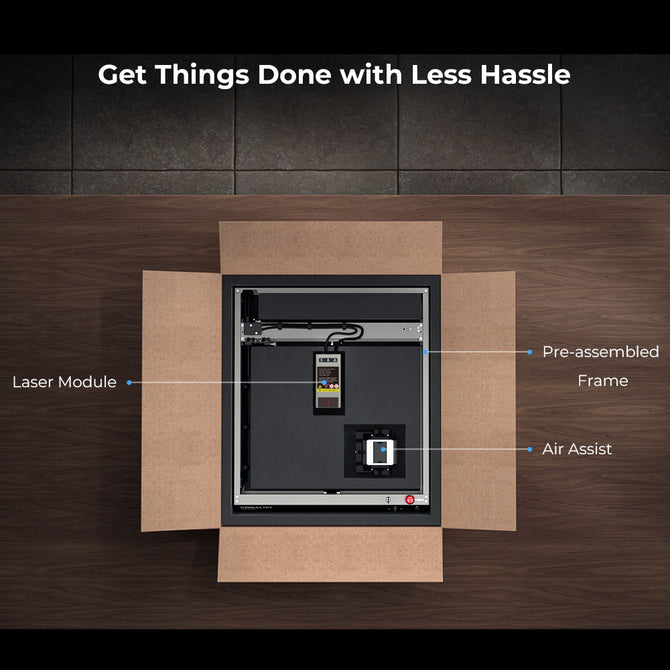 Top-down view of an open box containing the Creality Falcon Falcon2 40W Diode Laser Engraver frame with labeled parts: laser module, pre-assembled frame, and air assist. Text above reads, "Get Things Done with Less Hassle.