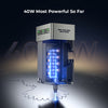 A digital render of the Creality Falcon Falcon2 40W Diode Laser Engraver reveals its anodized aluminum alloy build, blue laser beam engraving lines on metal. Text above: "40W Most Powerful So Far." Internal parts are visible.