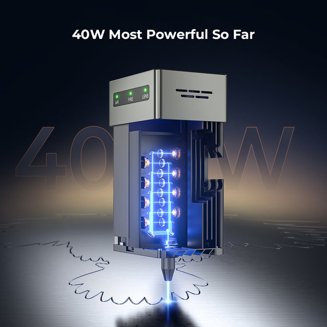 A digital render of the Creality Falcon Falcon2 40W Diode Laser Engraver reveals its anodized aluminum alloy build, blue laser beam engraving lines on metal. Text above: "40W Most Powerful So Far." Internal parts are visible.
