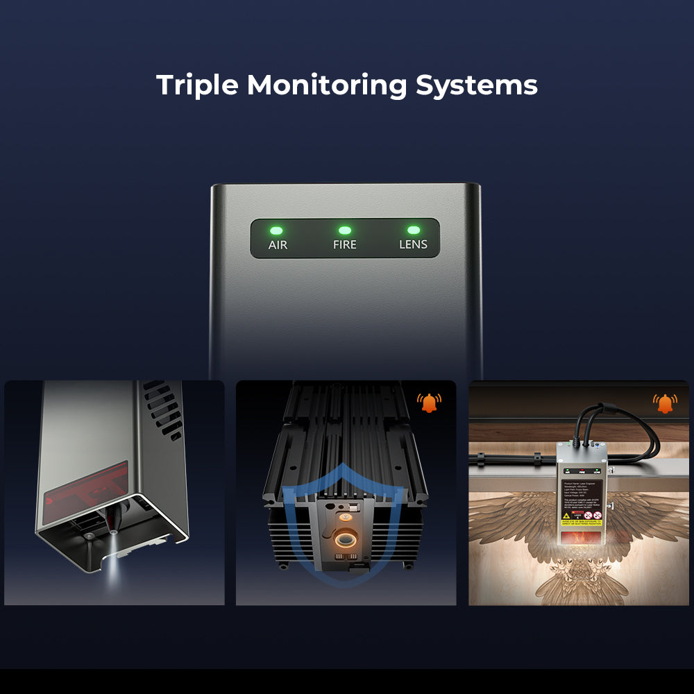 A graphic shows Creality Falcon's Falcon2 40W Laser Engraver and Cutter with three green lights—AIR, FIRE, LENS—above icons for air monitoring, fire safety, and lens systems. Includes free test kit. Ideal for laser engraving or cutting.
