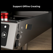 Close-up of the Creality Falcon Falcon2 40W Diode Laser Engraver's control panel shows a microSD slot, USB ports, and input icons. Its anodized aluminum alloy build and "Support Offline Creating" text emphasize durability.