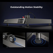 A Creality Falcon2 40W Laser Engraver and Cutter is shown on a dark background with "Outstanding Motion Stability." Close-ups feature a roller mechanism and cylindrical foot, emphasizing its compatibility and free test kit offer.