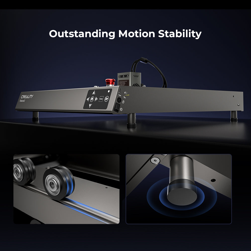 A Creality Falcon2 40W Laser Engraver and Cutter is shown on a dark background with "Outstanding Motion Stability." Close-ups feature a roller mechanism and cylindrical foot, emphasizing its compatibility and free test kit offer.