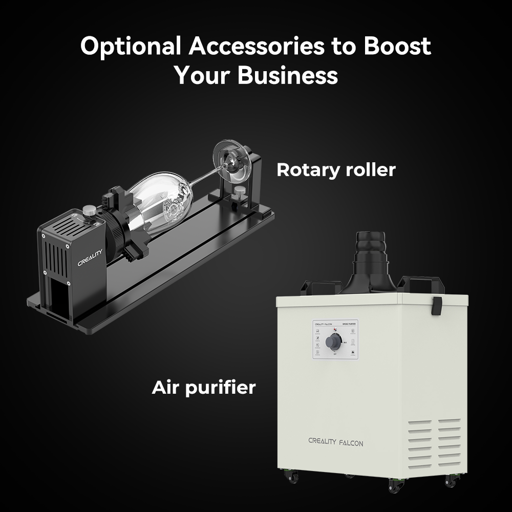 An image features Creality Falcon's optional accessories: a rotary roller on the left and the Falcon2 Pro 60W Enclosed Laser Cutter and Engraver on the right, set against a dark background. The text reads, "Optional Accessories to Boost Your Business.