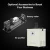 An image features Creality Falcon's optional accessories: a rotary roller on the left and the Falcon2 Pro 60W Enclosed Laser Cutter and Engraver on the right, set against a dark background. The text reads, "Optional Accessories to Boost Your Business.