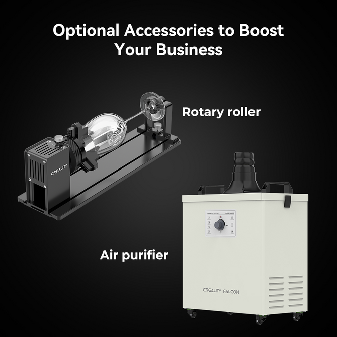 An image features Creality Falcon's optional accessories: a rotary roller on the left and the Falcon2 Pro 60W Enclosed Laser Cutter and Engraver on the right, set against a dark background. The text reads, "Optional Accessories to Boost Your Business.