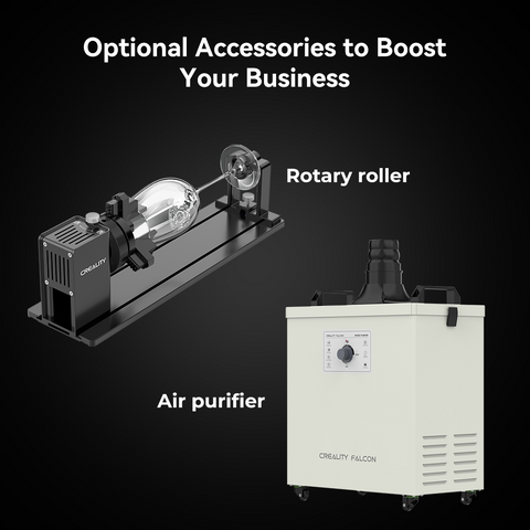 An image features Creality Falcon's optional accessories: a rotary roller on the left and the Falcon2 Pro 60W Enclosed Laser Cutter and Engraver on the right, set against a dark background. The text reads, "Optional Accessories to Boost Your Business.
