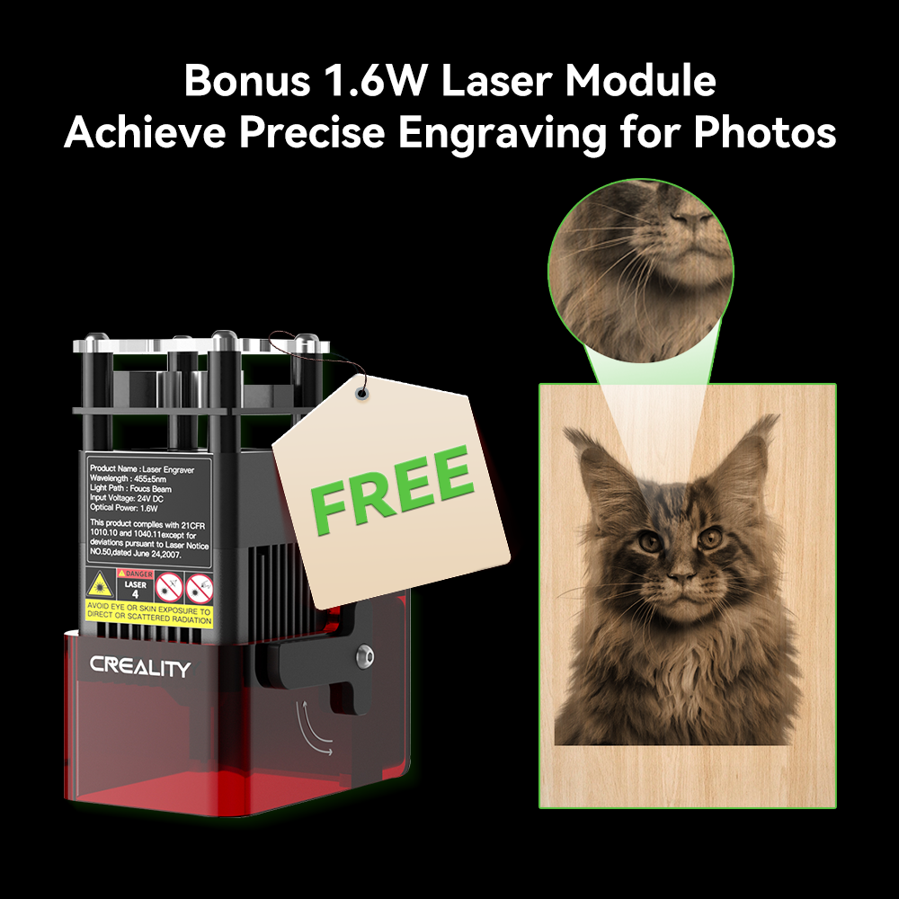 Image of a Creality Falcon2 Pro 60W enclosed laser cutter with a tag labeled "FREE." Text reads, "Bonus Laser Module with Adjustable Cutting Power for Precise Engraving." A photo of a cat is intricately engraved, highlighting the impressive engraving capabilities.