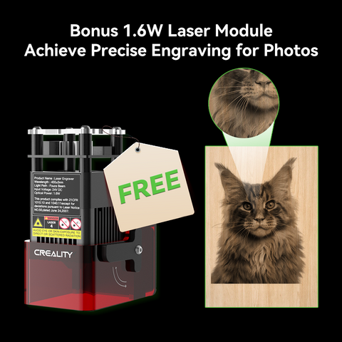 Image of a Creality Falcon2 Pro 60W enclosed laser cutter with a tag labeled "FREE." Text reads, "Bonus Laser Module with Adjustable Cutting Power for Precise Engraving." A photo of a cat is intricately engraved, highlighting the impressive engraving capabilities.