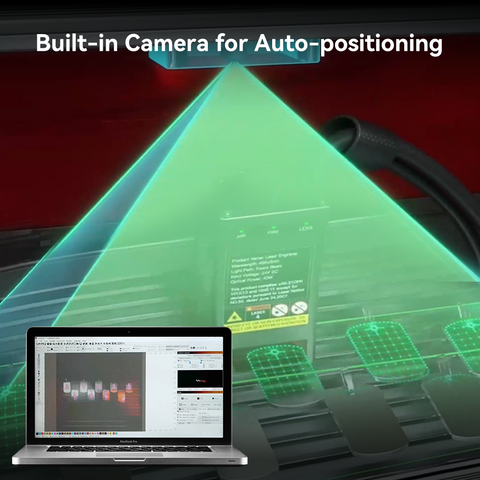 A digital simulation features the Creality Falcon2 Pro 60W Enclosed Laser Cutter and Engraver with a built-in camera for auto-positioning, projecting a green triangular light. A laptop screen shows related software, demonstrating the camera's functionality and precision of this engraver.