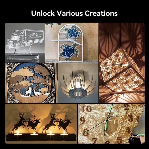 Discover unique creations with a collage featuring art pieces made with the Creality Falcon2 Pro 60W Laser Cutter. Includes a truck engraving, turtle-themed decor, geometric lamps, world map art, a stylish clock, and deer-patterned candle holder.
