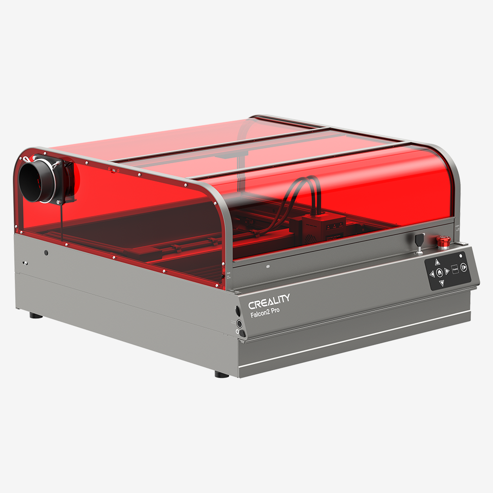The Creality Falcon Falcon2 Pro 60W is an enclosed laser cutter and engraver with a gray base and transparent red cover, features auto-positioning, intuitive front panel buttons, and a sleek design that integrates advanced technology for a refined user experience.