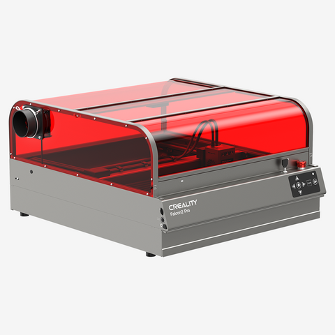 The Creality Falcon Falcon2 Pro 60W is an enclosed laser cutter and engraver with a gray base and transparent red cover, features auto-positioning, intuitive front panel buttons, and a sleek design that integrates advanced technology for a refined user experience.