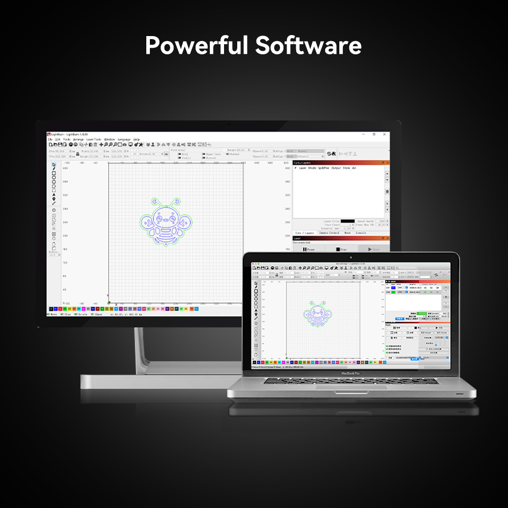 A desktop monitor and laptop run graphic design software with a colorful geometric display. Above them, "Powerful Software" highlights the versatility of Creality Falcon's Falcon2 Pro 60W Enclosed Laser Cutter and Engraver for tasks like laser engraving, set against a black background.
