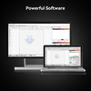 A desktop monitor and laptop run graphic design software with a colorful geometric display. Above them, "Powerful Software" highlights the versatility of Creality Falcon's Falcon2 Pro 60W Enclosed Laser Cutter and Engraver for tasks like laser engraving, set against a black background.