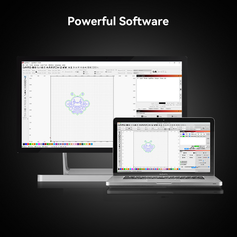 A desktop monitor and laptop run graphic design software with a colorful geometric display. Above them, "Powerful Software" highlights the versatility of Creality Falcon's Falcon2 Pro 60W Enclosed Laser Cutter and Engraver for tasks like laser engraving, set against a black background.