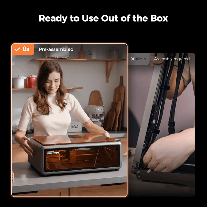 Split image: On the left, a woman places the Creality Falcon A1 10W Enclosed Diode Laser Engraver on a counter; on the right, hands assemble a machine labeled "30min Assembly required." Text: "Ready to Use. Compact Design Fits Any Space.