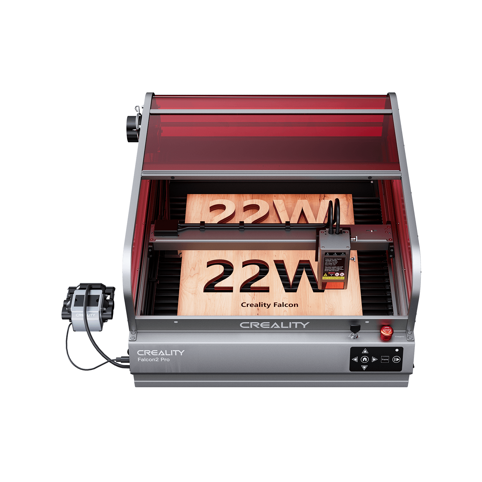 A Creality Falcon Falcon2 Pro 22W Enclosed Diode Laser Engraver with a visual positioning camera, red cover, control panel, FDA Class 1 safety, and external components engraves "22W" onto two wooden boards inside the machine. Includes free test kit.