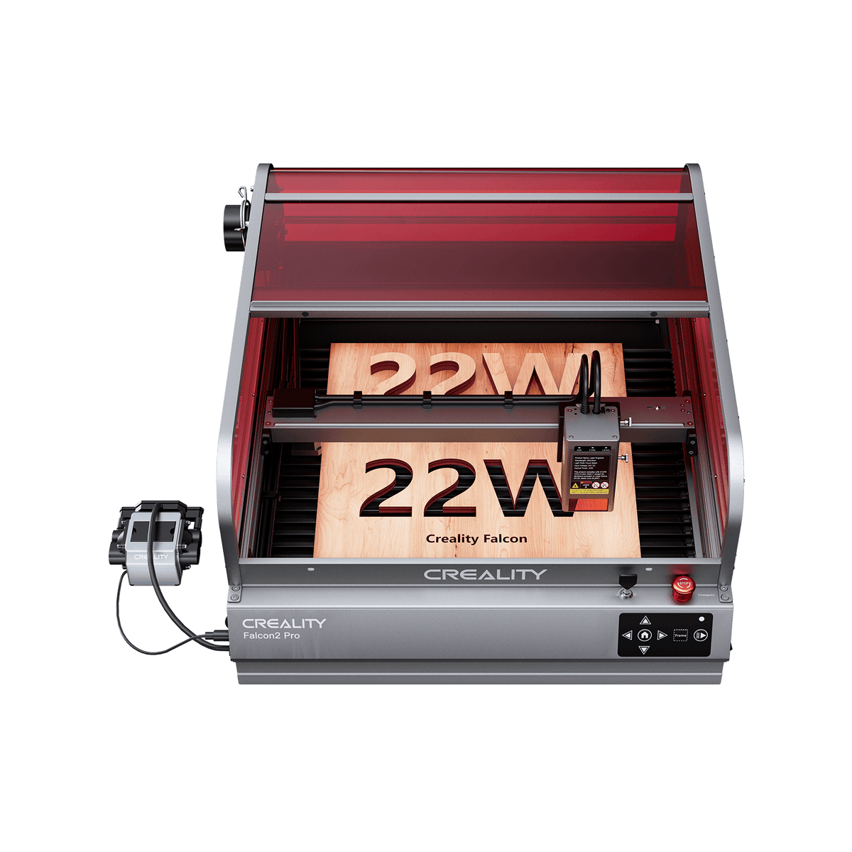 The Creality Falcon Falcon2 Pro 22W Enclosed Laser Engraver and Cutter, featuring a red-tinted Class 1 Safety cover, precisely etches "22W" and "Creality Falcon" on wood; power supply and control panel are visible.